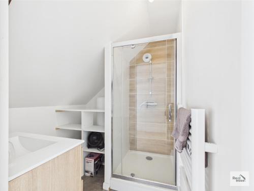 a bathroom with a shower and a sink at Logement de caractère en haute ville de Quimperlé in Quimperlé