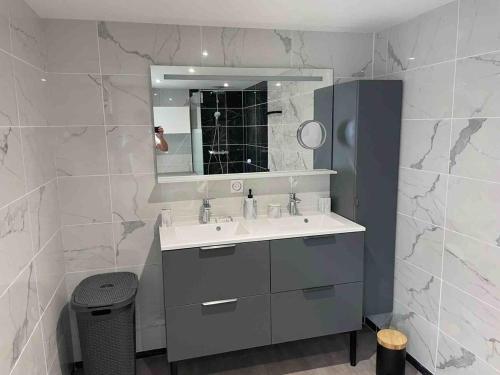 une salle de bain avec un lavabo et un miroir dans l'établissement Maison 7 pers 3ch 2 Sdb proche plages et golf, à Anglet