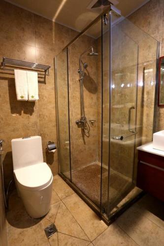 a bathroom with a toilet and a glass shower at Lotus Blu Hotel in Legazpi