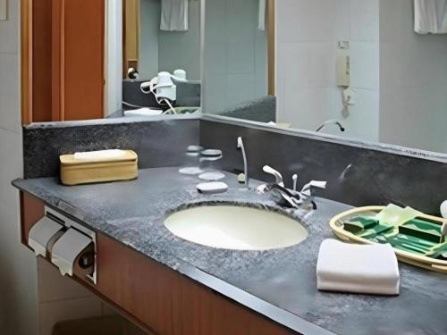a bathroom counter with a sink and a mirror at Beijing Friendship Hotel Jing Bin Building in Beijing