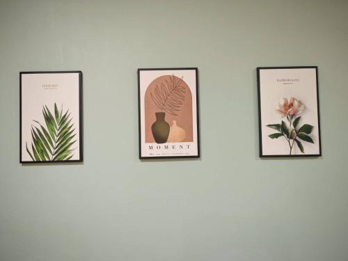 four framed pictures of a plant and a vase on a wall at 57 Hidden House BKK Chinatown in Bangkok