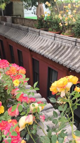 a group of flowers in front of a building at YOYO PINKE Hotel in Beijing