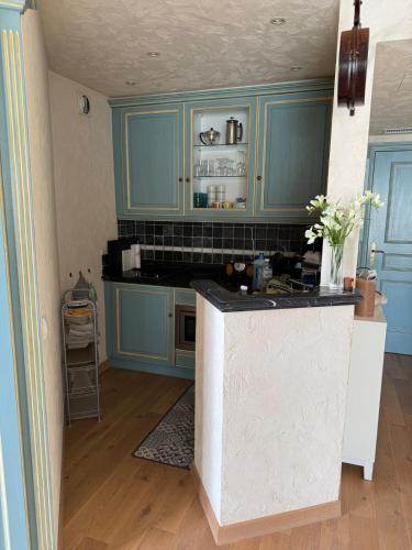 une cuisine avec des armoires bleues et un comptoir dans l'établissement Beau studio provençal, à Mandelieu-la-Napoule