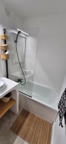 une douche en verre dans une salle de bain avec un lavabo dans l'établissement Panoramic, Superbe vue lagon pour ce joli studio rénové, au Cap d'Agde
