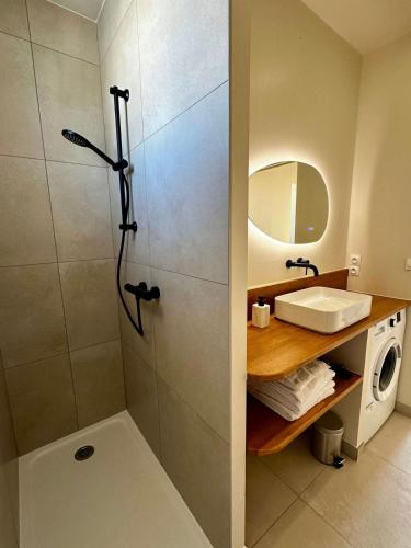 une salle de bain avec douche et lavabo dans l'établissement Maison contemporaine à Saint-Léonard, à Angers