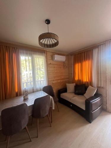 una sala de estar con una mesa y un sofá en კოტეჯი 109, en Itʼkhvisi