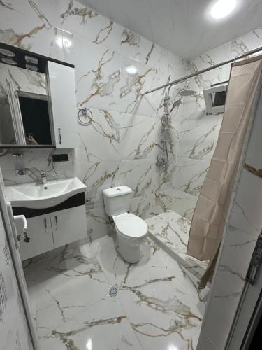 un baño con inodoro y lavabo en კოტეჯი 109, en Itʼkhvisi