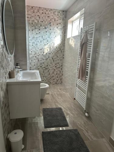 a bathroom with a sink and a toilet and a mirror at ZORA apartmani Sarajevo in Sarajevo