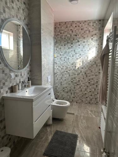 a bathroom with a sink and a toilet and a mirror at ZORA apartmani Sarajevo in Sarajevo