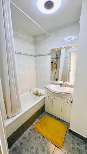 une salle de bain avec une baignoire, un lavabo et un miroir dans l'établissement Appartement toit terrasse, à Nice