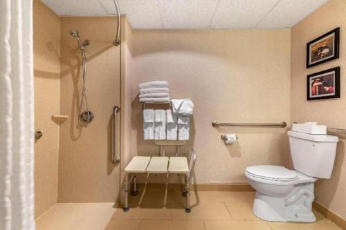 a bathroom with a toilet and a shower and towels at Comfort Inn Foxboro - Mansfield in Foxborough