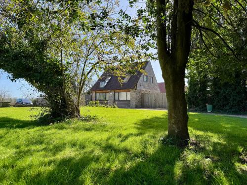 zwei Bäume auf einem Feld mit einem Haus in der Unterkunft Severn View Barn in Thornbury
