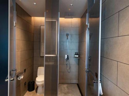 a bathroom with a shower and a toilet in it at Dajiuhua Hotel in Chizhou