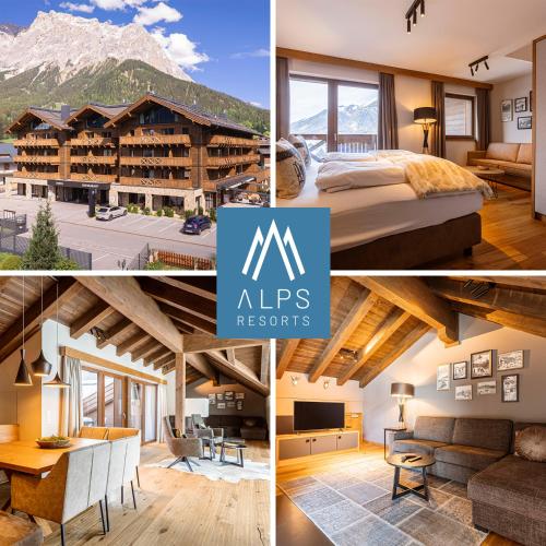 a collage of photos of a hotel with a mountain at Bergresort Zugspitze Ehrwald by ALPS RESORTS in Ehrwald