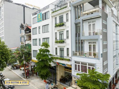 an overhead view of a white building at Cao Bang Eco Bistro & Stay in Cao Bằng