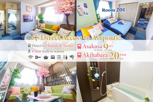 a collage of photos of a living room with a room with at AO201 - 2F Tokyo Stay Hotel Direct Train to Narita & Asakusa in Tokyo