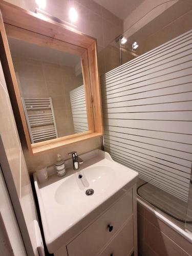 une salle de bain avec un lavabo et un miroir dans l'établissement Résidence Soulane - Duplex lumineux proche du telecabine Mont-Chery MAE-1101, aux Gets