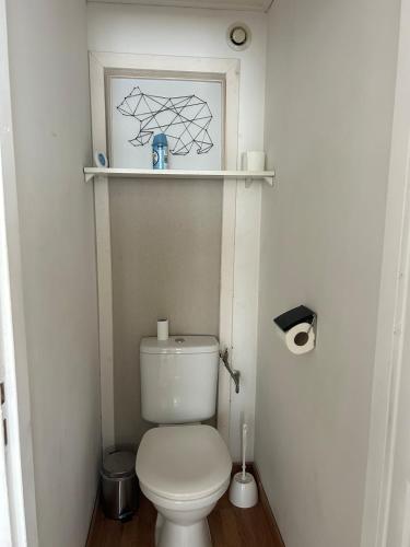 Elle comprend une petite salle de bains pourvue de toilettes et d'une photo murale. dans l'établissement Appartement en duplex, 1e étage, proche commodités, à Armentières