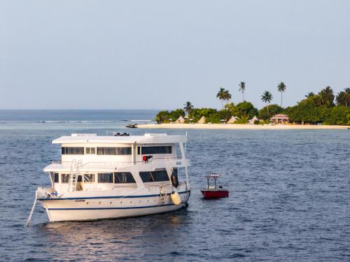 a white boat in the water with an island at The MAVERICK SURF AND DIVE BOUTIQUE HOTEL - Book 10 Nights and get 1 Free Night - Free Speed Boat Service - Kids Stay Free in Laamu
