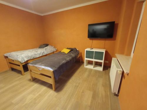 a bedroom with two beds and a flat screen tv at kleine 1-Raum-Ferienwohnung mit hohem Komfort in Teuchern
