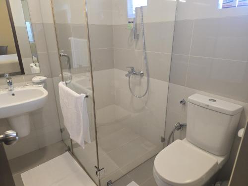 a bathroom with a shower and a toilet and a sink at Beach Front Apartment in Uswetakeiyawa