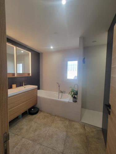 une salle de bain avec une baignoire et un lavabo dans l'établissement Villa avec piscine et vue, à Vaison-la-Romaine