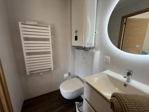 a bathroom with a toilet and a sink and a mirror at Résidence Claire Roman in Valence