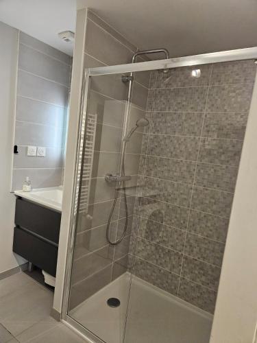 une douche avec une porte vitrée dans une salle de bain dans l'établissement Maison avec deux chambres, un jardin et une terrasse, à Vannes