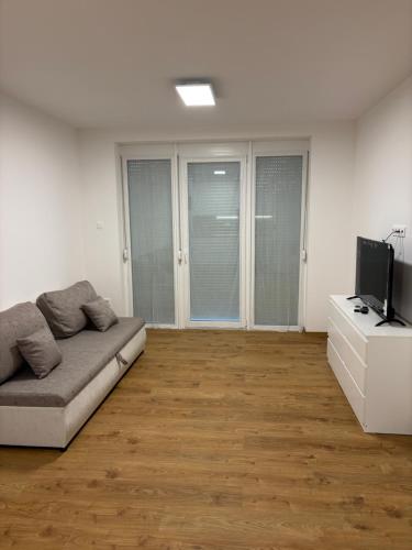 バラトンボグラールにあるAA Apartman - Balatonboglárのソファと薄型テレビのあるリビングルーム