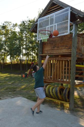 a man is throwing a basketball into a hoop at Seosko domaćinstvo-Nedodjija in Apatin