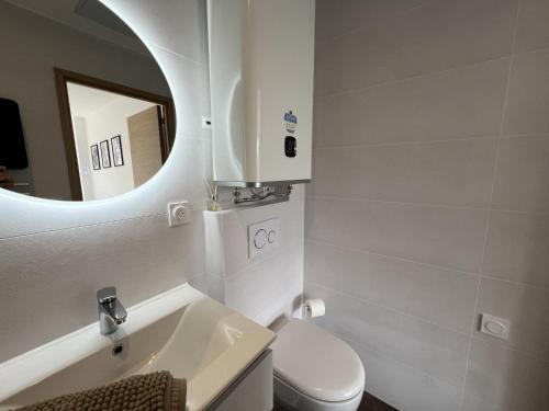 a bathroom with a sink and a toilet and a mirror at Résidence Claire Roman in Valence