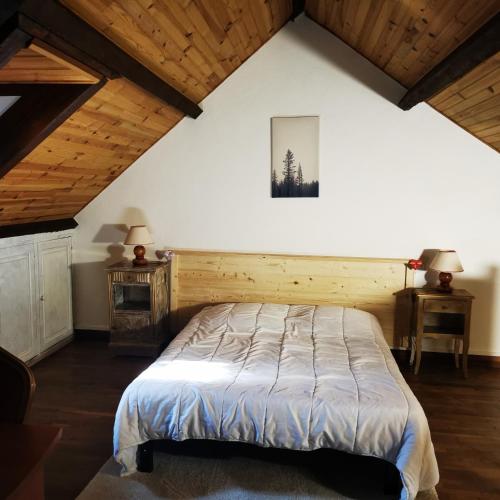 une chambre avec un lit dans une pièce avec des plafonds en bois dans l'établissement Chez Nicole et Patrick, à Chouvigny