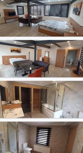 two pictures of a living room and a bedroom at Rüya Otel Şile in Sile