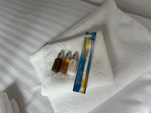 two bottles of toothpaste and a toothbrush on a bed at Casa Sands in Spittal