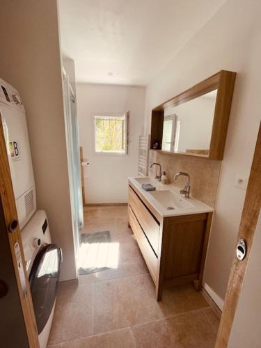 une salle de bain avec un lavabo et un miroir dans l'établissement Montagnac Village House - Verdon, à Montagnac