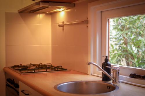 Fenced Backyard with Covered Porch and Free Bikes في Doornspijk: طاولة مطبخ مع حوض ونافذة