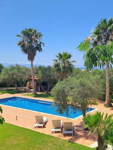 a swimming pool with lounge chairs and palm trees at Aloni Grove Retreat in Chania