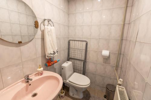 a bathroom with a sink and a toilet and a mirror at Baltic Holiday Guest House in Jūrmala