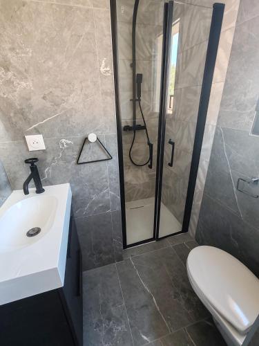 une salle de bain avec une douche, des toilettes et un lavabo dans l'établissement Studio 2 pers entièrement équipé, à Prades-le-Lez