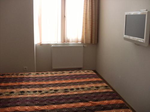 ein Schlafzimmer mit einem Teppich auf dem Boden und einem Fenster in der Unterkunft Litrada Apartments in Šiauliai