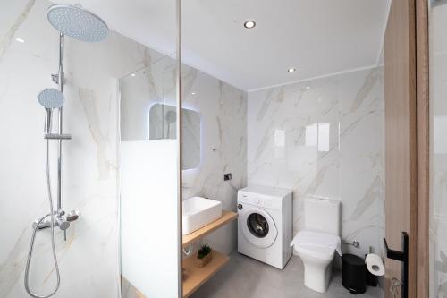 a bathroom with a toilet and a washing machine at Chryselia Suites- Private Pool in Keratokampos