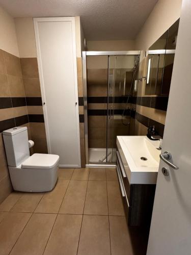 une salle de bain avec une douche, des toilettes et un lavabo dans l'établissement Apartment with pool view Salina Bay Porto-Vecchio, à Porto-Vecchio