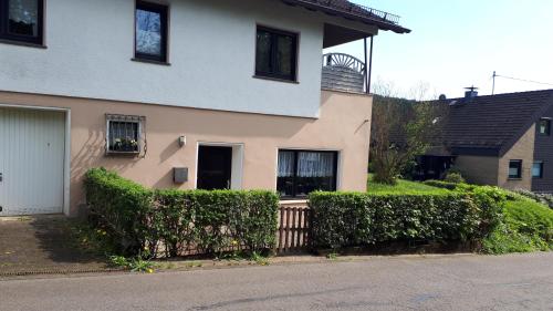 a white house with bushes in front of it at Ferienwohnung Christine in Bergneustadt