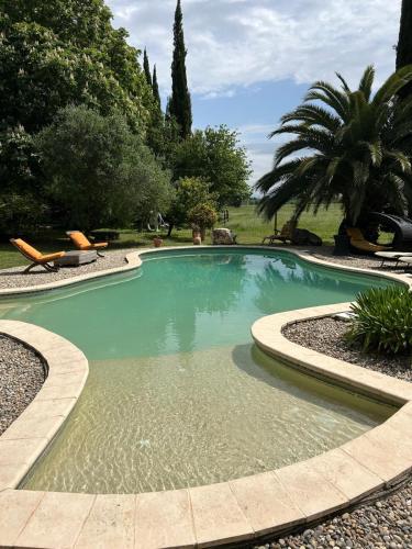 une piscine dans un jardin avec un palmier dans l'établissement Domaine de la Grande Grange, à Caderousse