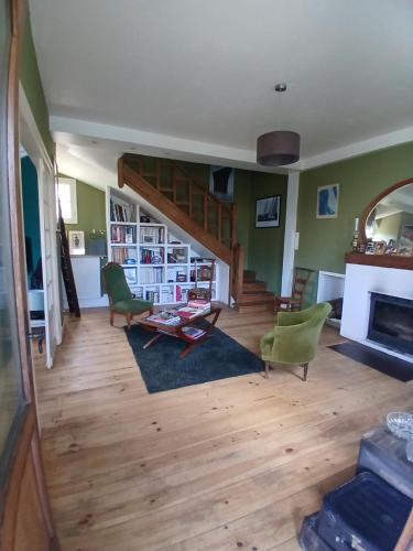 a living room with a fireplace and green walls at Chez Solange et Paul in Mézos