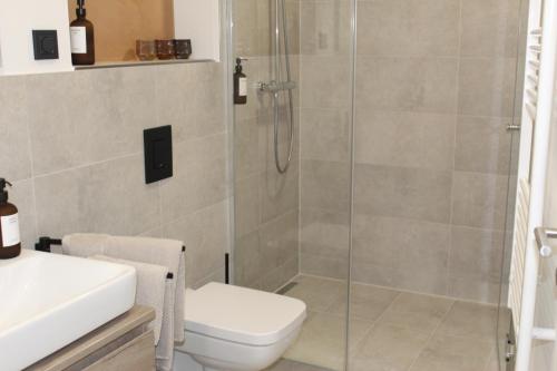 a bathroom with a shower and a toilet at Exklusives Wohnen im historischen Wasserturm dem Highlight von Delitzsch WE 211 in Delitzsch