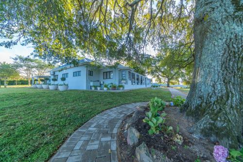 a house with a tree and a brick driveway at Room 6 - LEO Sky Guest House in Simondium