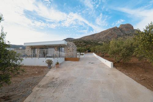 a building with a mountain in the background at Chryselia Suites- Private Pool in Keratokampos