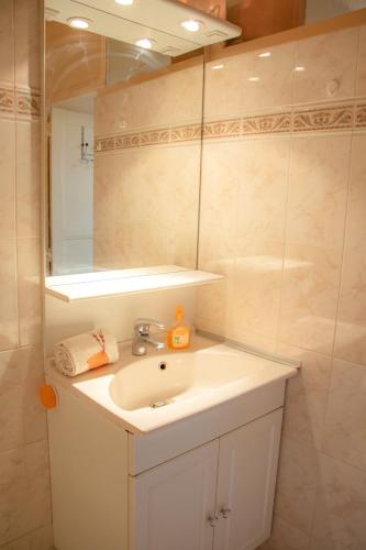 une salle de bain avec un lavabo et un miroir dans l'établissement appartement plein centre, 42m au calme avec balcon et wifi, à Aix-les-Bains