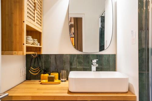 une salle de bain avec un lavabo blanc et un miroir dans l'établissement Cosy Apt Clim 3 étoiles prox lac, rivière Aix Chambéry, à Viviers-du-Lac